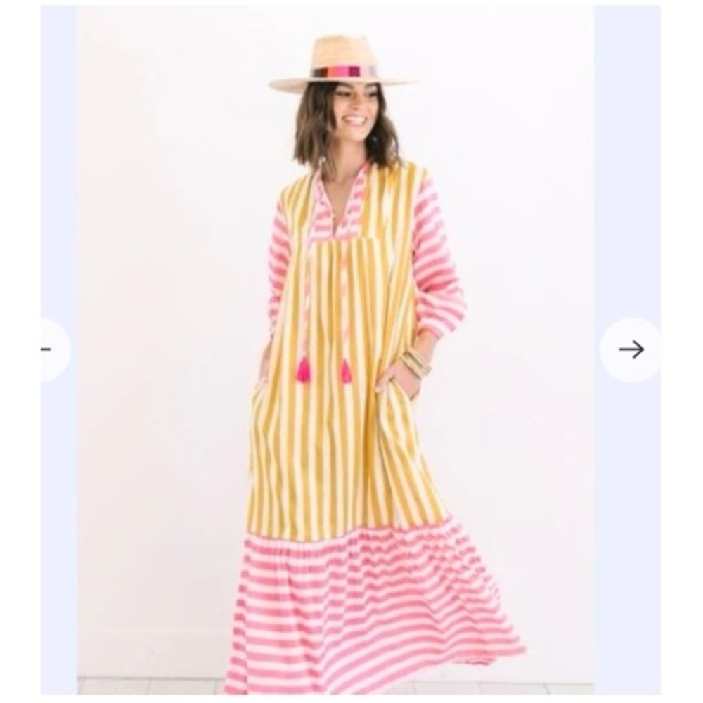 NWT Sunshine Tienda Copa Dress Mustard Pink Striped Cotton Maxi M/L - Picture 14 of 14